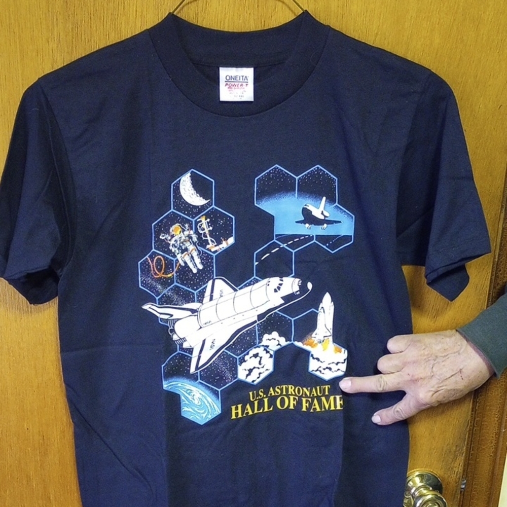 US Astronaut Hall of Fame Black T Shirt, Space Shuttle, Moon, Stars, White Blue